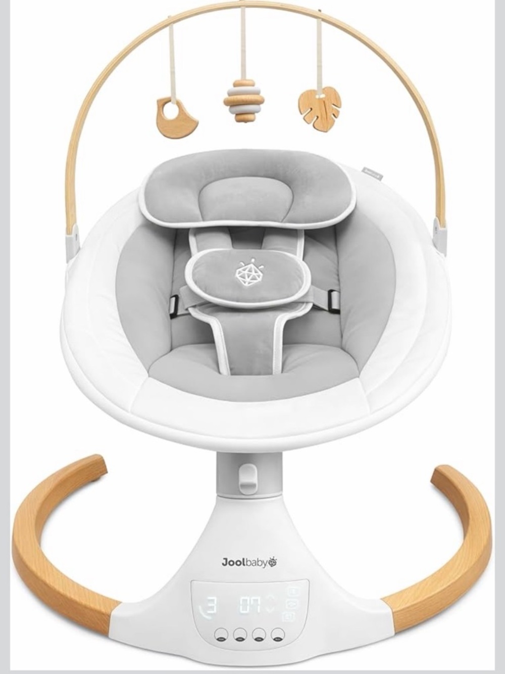 Gray & White Infant Swing with Wooden Arch Toy Bar